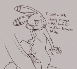 2017 2boys anthro black_and_white canine dialogue disney english_text fox furry gay jack_savage knot lagomorph male male_only mammal monochrome nick_wilde nude penis rabbit simple_background text visiti yaoi zootopia