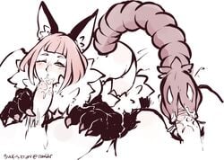 2boys animal_ears animal_hands ass blush claws fellatio fur group gyarusatan manticore_(monster_girl_encyclopedia) monochrome monster_girl monster_girl_encyclopedia pawn red_hair tail tail_pussy wink