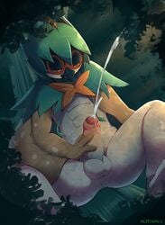 1boy 3_fingers anus ass avian beak belly big_penis bird cum cumshot decidueye drooling ejaculation erection feet foreskin forest half-closed_eyes male male_only masturbation nintendo nude nurinaki open_mouth orgasm outdoors owl penile penis pleasure_face pokemon pokemon_sm red_eyes saliva solo spread_legs testicles text tree video_games wings