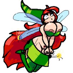 betilla_(rayman) boots bound breasts clothed clothing earrings fairy flying hat long_hair lum_(rayman) nipple_slip nipples nsfwoaf nymph_(rayman) pixel_art pubic_hair rayman_(series) rayman_origins red_hair skirt transparent_background ubisoft undressing vagina wings