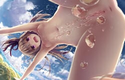 3: all_fours anus ass bangs blue_sky breasts brown_hair cloud cloudy_sky day dutch_angle eyebrows_visible_through_hair female hair_ribbon highres long_hair looking_at_viewer missile228 nipples nude ocean one_side_up open_mouth original outdoors pubic_hair purple_eyes purple_ribbon pussy ribbon sky small_breasts solo uncensored water water_drop