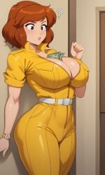 1girl 5_fingers ? ai_generated april_o'neil brown_eyes cash confused curvy dollar_bills female ginger large_breasts money money_between_breasts pixai red_hair shoulder_length_hair skin_tight_suit teenage_mutant_ninja_turtles thick_thighs watch yellow_bodysuit