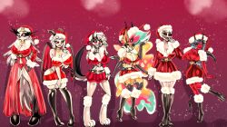 6girls angel angel_wings anthro avian big_breasts bitterbunz bitterrbunz black_eyes blue_hair blush breasts canid canid_demon canine christmas christmas_clothing christmas_headwear christmas_outfit claws clothed clothing crown demon demon_girl demon_humanoid empty_eyes fallen_angel fangs feathers female fluffy fluffy_tail fur grey_body grey_fur grey_hair group hair hat hazbin_hotel headgear headwear hellhound helluva_boss hi_res holidays horn humanoid kiki_(helluva_boss) lingerie loona_(helluva_boss) lute_(hazbin_hotel) mammal mature_female mythological_canine mythological_creature mythology open_mouth open_smile partially_clothed queen_bee-lzebub_(helluva_boss) red_body red_eyes red_feathers rosie_(hazbin_hotel) santa_hat smile smiling standing stella_(helluva_boss) succubus tail teeth thick_thighs vivienne_medrano white_body white_feathers white_fur wings yellow_body yellow_fur