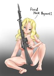 1girls blonde_hair breasts female girls_und_panzer gun kay_(girls_und_panzer) large_breasts m16 nude solo weapon