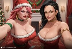 2girls ai_assisted ai_baddies ai_generated black_hair blue_eyes braid braided_hair caucasian caucasian_female christmas christmas_outfit christmas_tree cowboy_shot curvaceous curvy curvy_figure dark_hair gift green_eyes hispanic holidays huge_breasts inside large_breasts latina laura_matsuda looking_at_viewer patreon patreon_link patreon_logo patreon_url patreon_username pink_hair poison_(final_fight) santa_hat selfie smiling_at_viewer smirk spiky_hair street_fighter street_fighter_6 street_fighter_v thick voluptuous voluptuous_female