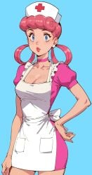 1girls blue_eyes female female_only hair_rings looking_at_viewer nurse_cap nurse_joy nurse_uniform paulinebabe pink_hair pokemon white_apron