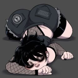 antifa artist_signature ass bike_shorts black_hair chubby_female fishnets goth_girl oc pale_skin shorts