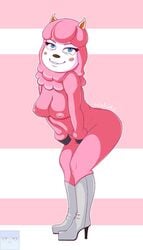 animal_crossing blue_eyes eyelashes furry high_heeled_boots hooves lewdcake llama nintendo pin-up_pose pink_fur reese_(animal_crossing) striped_background