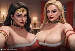 2girls ai_assisted ai_baddies ai_generated black_canary black_hair blonde_female blonde_hair blue_eyes caucasian caucasian_female christmas christmas_outfit christmas_tree cowboy_shot curvaceous curvy curvy_figure dark_hair dc dc_comics dc_super_hero_girls dcau diana_prince gift holidays huge_breasts inside large_breasts light-skinned_female light_skin looking_at_viewer patreon patreon_link patreon_logo patreon_url patreon_username santa_hat selfie smiling_at_viewer smirk thick tiara voluptuous voluptuous_female wonder_woman wonder_woman_(series)