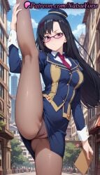 1girls ai_generated anime anime_style asian ass_visible_through_thighs bangs black_hair blouse blue_headwear blue_jacket blue_skirt blue_sky blush breasts brown_pantyhose building bust busty cameltoe city cloud collared_shirt crotch_seam crowd day female female_focus female_only flexible glasses hair_ornament hat holding jacket kneepits kono_subarashii_sekai_ni_shukufuku_wo! large_breasts leg_lift leg_up legs long_hair long_sleeves looking_at_viewer medium_breasts megane miniskirt natsuyoru necktie outdoors panties panties_under_pantyhose pantsu pantyhose parted_lips pencil_skirt people pink-framed_eyewear pink_necktie purple-framed_eyewear purple_necktie red_eyes red_necktie sena_(konosuba) shirt skirt sky solo solo_female solo_focus split spread_legs standing standing_on_one_leg standing_split thighs tie underwear uniform voluptuous voluptuous_female white_shirt x_hair_ornament