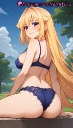 1girls ahoge ai_generated anime anime_style ass back bangs bare_arms bare_shoulders blonde_hair blue_bra blue_panties blue_sky blush bra breasts bust busty cloud day female female_focus female_only from_behind hair_flaps hair_intakes hentai juicy_butt koshi_torako lace-trimmed_bra lace-trimmed_panties lace_trim large_ass large_breasts lingerie long_hair looking_at_viewer looking_back my_deer_friend_nokotan natsuyoru oshiri outdoors panties pantsu parted_lips purple_eyes sideboob sitting sky smile solo solo_female strap_gap thighs tree underwear underwear_only very_long_hair voluptuous voluptuous_female