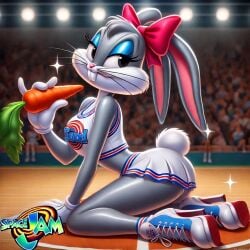 ai_generated basketball_court bugs_bunny carrot cheerleader cheerleader_uniform high_heels looney_tunes miniskirt mtf_transformation rule_63 space_jam toon_squad