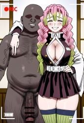 1boy 1boy1girl 1girl ai_generated arm_around_neck blush cheating cheating_girlfriend cleavage cleavage_cutout closed_eyes dark-skinned_male demon_slayer demon_slayer_uniform faceless_male fat_man female gradient_hair green_hair grin hairy_male hand_on_own_hip imminent_sex interracial kanroji_mitsuri kimetsu_no_yaiba large_breasts large_penis netorare open_clothes peace_sign pink_hair posing posing_for_the_viewer recording skirt smile straight testicles thick_thighs thighhighs veiny_penis waroffree