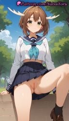 1girls :3 ai_generated anime anime_style antlers asian ass_visible_through_thighs bangs black_socks blue_neckerchief blue_sailor_collar blue_skirt blue_sky blush breasts brown_footwear brown_hair bust busty cleft_of_venus closed_mouth cloud crop_top crop_top_overhang day deer_antlers dragon_horns female female_focus female_only foot_out_of_frame green_eyes hentai horns innie_pussy knee_up labia labia_majora loafers long_sleeves looking_at_viewer medium_breasts midriff_peek miniskirt my_deer_friend_nokotan natsuyoru neckerchief no_panties nopan outdoors paipan pleated_skirt pussy sailor_collar sailor_uniform school_uniform serafuku shikanoko_noko shirt shoes short_hair sitting skirt sky smile socks solo solo_female thighs tree uncensored upskirt vagina voluptuous voluptuous_female white_shirt yellow_eyes