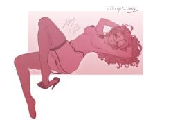 blush curly_hair cute female female_focus freckles hands_behind_head heels laying_down lingerie looking_at_viewer monochrome nipple_covers original original_character pink_background thighhighs