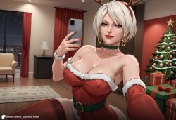 1girls ai_assisted ai_baddies ai_generated blue_eyes bob_cut caucasian caucasian_female cellphone christmas christmas_outfit christmas_tree cowboy_shot gift holidays hourglass_figure inside looking_at_viewer medium_breasts mole_under_mouth nier nier:_automata patreon patreon_link patreon_logo patreon_url patreon_username santa_hat selfie short_hair smiling_at_viewer smirk white_hair yorha_2b