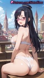 1girls :d ai_generated anime anime_style asian ass back bangs bare_arms bare_shoulders big_ass bikini black_hair black_headwear blue_sky blush bra breasts building bust busty castle clothing cloud covered_nipples day female female_focus female_only female_solo from_behind glasses hair_ornament hairclip halo hat hentai juicy_butt kono_subarashii_sekai_ni_shukufuku_wo! large_ass large_breasts long_hair looking_at_viewer looking_back median_furrow megane natsuyoru open_mouth oshiri outdoors panties pantsu purple-framed_eyewear purple_eyes red_eyes see-through sena_(konosuba) shoulder_blades sideboob sitting sky smile solo solo_female strap_gap swimsuit thighs thong underboob underwear underwear_only voluptuous voluptuous_female white_bra white_panties x_hair_ornament