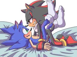 2boys anal angelofhapiness anthro arm_grab bed blush duo erection furry gay hedgehog highres legs_up male mammal nude on_bed penis pinned rape_face shadow_the_hedgehog side_view smile smirk socks sonadow sonic_(series) sonic_the_hedgehog thighhighs yaoi