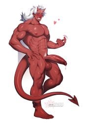 5_fingers abs areola balls biceps big_penis biped bodily_fluids demon demon_humanoid eyebrows fingers genital_fluids genitals glans hair half-erect hi_res horn horned_humanoid humanoid humanoid_genitalia humanoid_penis male muscular muscular_humanoid muscular_male nipples pecs penis plna precum red_body red_skin simple_background smile solo spade_tail tail tailed_humanoid vein veiny_penis white_background