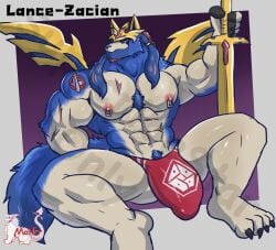 abs anthro areola biped blue_body blue_fur canid canine claws fingers fur generation_8_pokemon hi_res legendary_pokemon male mammal masterelrest muscular muscular_anthro muscular_male nintendo nipple_piercing nipples pecs piercing pokemon pokemon_(species) solo tail zacian