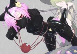 2girls anal_tail animal_ears bags_under_eyes black_bodysuit bodysuit bondage bound bound_arms bound_legs breasts corset covered_nipples fake_animal_ears fake_tail green_hair hat highres human_dog komeiji_koishi komeiji_satori latex latex_bodysuit lock menou_74 multiple_girls muzzle_(mask) padlock pet_play pink_eyes pink_hair sex_toy shiny_clothes short_hair skin_tight small_breasts tail third_eye touhou vibrator