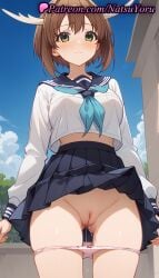 1girls :3 ai_generated anime anime_style antlers arms_at_sides asian ass_visible_through_thighs bangs black_skirt blue_neckerchief blue_sailor_collar blue_skirt blue_sky blush bow bow_panties breasts brown_hair bust busty cleft_of_venus closed_mouth clothes_lift cloud cowboy_shot crop_top crop_top_overhang day female female_focus female_only food_print green_eyes high-waist_skirt horns labia labia_majora large_breasts long_sleeves looking_at_viewer medium_breasts midriff_peek miniskirt natsuyoru neckerchief outdoors paipan panties pantsu panty_pull pink_panties pleated_skirt pussy pussy_juice pussy_juice_trail sailor_collar sailor_uniform school_uniform serafuku shaved_pussy shikanoko_noko shikanoko_nokonoko_koshitantan shirt short_hair skirt skirt_lift sky solo solo_female standing strawberry_print thighs uncensored underwear vagina voluptuous voluptuous_female white_shirt