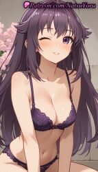 1girls ahoge ai_generated anime anime_style asian bangs bare_arms bare_shoulders black_bra black_hair black_panties blush bow bow_bra bra breasts bust busty cleavage collarbone female female_focus female_only flower hair_flaps hentai koshi_anko lace-trimmed_bra lace_trim large_breasts lingerie long_hair looking_at_viewer medium_breasts my_deer_friend_nokotan natsuyoru navel one_eye_closed panties pantsu parted_lips purple_bra purple_eyes purple_hair purple_panties sitting smile solo solo_female stomach underwear underwear_only voluptuous voluptuous_female