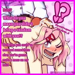 !? 1boy 1girls bodily_fluids cum cumshot doki_doki_literature_club english_text inner_monologue kagechubonus mouth_open natsuki_(doki_doki_literature_club) open_mouth penis pink_eyes pink_hair pink_text semen straight text thoughts