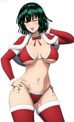 1girls armwear big_breasts blush bottomwear breasts capelet christmas christmas_clothing christmas_outfit cleavage dark_green_hair female female_only fubuki_(one-punch_man) green_eyes hair hand_on_hip hips huge_breasts legwear neckwear one-punch_man one_eye_closed ribbon short_hair smile solo solo_female thighhighs thighs topwear wink winking yisusjpl