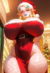 1girls ai_generated big_breasts blonde_hair blue_eyes blue_lipstick blush breasts_bigger_than_head female fishnets gigantic_breasts huge_ass huge_breasts lipstick long_hair massive_breasts nintendo princess_zelda santa_costume santa_hat the_legend_of_zelda thick_thighs wide_hips zelda_(breath_of_the_wild)