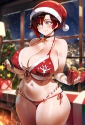 1girls ai_generated big_breasts bikini black_hair blush breasts christmas christmas_hat female female_focus grey_eyes hips huge_breasts large_breasts looking_at_viewer navel red_hair ruby_rose rwby short_hair smiling smiling_at_viewer thick_thighs thighs