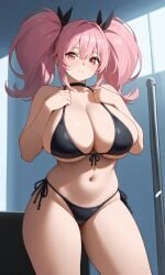 1girls ai_generated ass big_ass big_breasts black_bikini breasts hand_on_breast looking_at_viewer pink_hair thaifos twintails