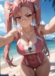 1girls 2d ai_generated ass athletic athletic_female bare_shoulders beach belly big_breasts chest cleavage curvy curvy_figure cute cute_face detailed eyelashes eyeshadow female female_focus female_only fit fit_female focus from_above glasses high-angle_view high_quality highschool_of_the_dead hips huge_breasts large_breasts legs light-skinned_female light_skin lips lipstick looking_at_viewer makeup mascara midriff navel nero100 one-piece_swimsuit orange_eyes outdoors pale-skinned_female pale_skin pink_hair posing sagging_breasts saya_takagi seductive seductive_look selfie stable_diffusion swimsuit swimwear thick_thighs thighs twintails wide_hips yellow_eyes