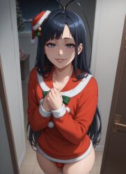 1femboy ai_generated black_hair bleach bleach:_the_thousand-year_blood_war blue_eyes bulge christmas_headwear christmas_outfit curvy curvy_figure door flat_chest giselle_gewelle hands_together long_hair long_sleeves open_door standing sweater thick_thighs thighhighs