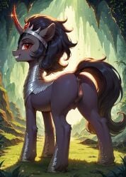 ai_generated animal_genitalia animal_pussy armor black_hair crotchboobs crown equid equine equine_genitalia equine_pussy female feral friendship_is_magic furry grey_body grey_fur hasbro horse king_sombra_(mlp) mane my_little_pony nipples pony quadruped red_eyes rule_63 smile unicorn