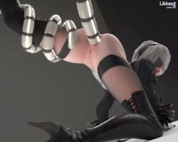1girls 3d anal animated anus ass bangs bent_over black_hairband black_legwear blindfold clothing cross-laced_footwear feather-trimmed_sleeves female from_behind gloves hair_over_eyes hairband high_heel_boots high_heels juliet_sleeves leg_lift likkezg long_sleeves moaning nier nier:_automata open_mouth penetration pussy restrained shiny_clothes short_hair silver_hair solo spread_legs tentacle thigh_boots thighhighs uncensored white_hair white_tentacles yorha_2b