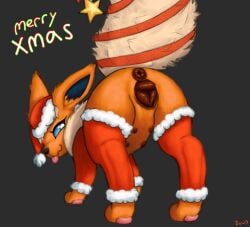 2vv7 animal_genitalia animal_pussy anus ass blue_sclera canine_genitalia canine_pussy christmas christmas_clothing christmas_headwear clothing eeveelution eyelashes female feral flareon fur generation_1_pokemon genitals glistening glistening_anus glistening_genitalia hat headgear headwear hi_res holidays multi_nipple nintendo nipples orange_body orange_fur pawpads paws pink_paws pokemon pokemon_(species) presenting presenting_anus presenting_hindquarters presenting_pussy pussy santa_hat smile solo tail tongue tongue_out