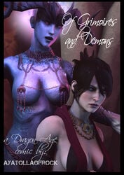 2017 2girls 3d absurdres ayatollaofrock bald bare_shoulders big_breasts black_hair blush breasts brown_eyes clothing demon demon_girl demon_horns desire_demon dragon_age eyebrows eyelashes eyeshadow female hair hair_bun horns human interspecies large_breasts lips lipstick makeup morrigan_(dragon_age) multiple_girls necklace nose nude open_mouth purple_eyes shiny shiny_skin source_filmmaker upper_body