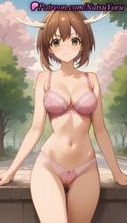 1girls :3 ai_generated anime anime_style antlers ass_visible_through_thighs bangs bare_arms bare_shoulders blush bow bow_bra bow_panties bra breasts brown_hair bust busty cameltoe cherry_blossoms cleavage closed_mouth collarbone cowboy_shot day female_focus female_only green_eyes hentai horns lace-trimmed_bra lace_trim large_breasts lingerie looking_at_viewer medium_breasts my_deer_friend_nokotan natsuyoru navel outdoors panties pantsu pink_bra pink_panties public_indecency pussy_juice pussy_juice_drip_through_clothes pussy_juice_trail road shikanoko_noko short_hair sky smile solo solo_female standing stomach thigh_gap thighs tree underwear underwear_only voluptuous voluptuous_female yellow_eyes