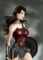 1girls actress arm_bracers basileus celebrity corset dc dc_comics dc_extended_universe diana_prince female female_only fit gal_gadot lasso_of_truth long_hair real_person shield skirt tiara wonder_woman wonder_woman_(series)