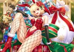 :d ahoge animal_ears arcueid_brunestud ass bare_shoulders blonde_hair breasts butt christmas elbow_gloves female fishnets gift gloves hair_ornament harukey highres large_breasts leotard melty_blood midriff neco-arc open_mouth pine_tree playboy_bunny rabbit_ears red_eyes red_footwear red_leotard ribbon short_hair smile solo tree tsukihime tsukihime_(remake) type-moon vampire vampire_girl