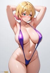 ai_generated aqua_eyes armpits arms_behind_head arms_up artist_name bangs blonde_hair blush breasts cameltoe closed_mouth collarbone covered_nipples cowboy_shot crossed_bangs curvy female gradient gradient_background gradient_hair hair_between_eyes high_resolution highres kanojo_okarishimasu large_breasts looking_away looking_to_the_side multicolored_hair nanami_mami navel one-piece_swimsuit pink_hair purple_one-piece_swimsuit short_hair simple_background slingshot_swimsuit solo stable_diffusion sweat swimsuit thick_thighs thighs waifuscans418 white_background wide_hips