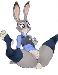 2016 anthro anus blush bottomless clothed clothing disney female fur furry furry_only hi_res judy_hopps lagomorph legwear mammal pallasite partially_clothed pawtsun pussy rabbit stockings tail thick_thighs toeless_legwear topwear zootopia