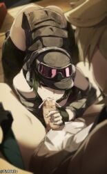 1boy all_fours arknights backpack bag baseball_cap black_gloves black_hat black_thighhighs blurry blurry_foreground closed_eyes clothed_sex commentary cum cum_in_mouth cum_overflow ela_(rainbow_six_siege) english_commentary eyewear_on_headwear fellatio female fingerless_gloves from_above full_body gloves goggles goggles_on_headwear green_hair hat headphones headphones_over_headwear highres mole mole_under_eye off_shoulder oral orphen_(pink_seito) penis purple-tinted_eyewear rainbow_six_siege short_hair solo_focus straight thighhighs tinted_eyewear twitter_username uncensored