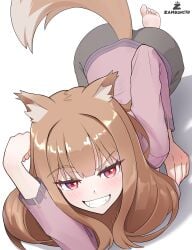 feet feet_up holo pink_eyes spice_and_wolf tagme wolf_ears wolf_girl wolf_tail zambonito