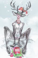 absurd_res alternative_fashion antlers bell bodily_fluids breasts cervine christmas crotch_breasts cum deer deer_ears female feral fur genital_fluids genitals gift hi_res holidays hooves horn jingle_bell mamabliss mammal new_world_deer orgasm punk pussy reindeer sleigh snow solo transformation zoophilia