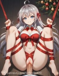 ai_generated ai_hands alisa_mikhailovna_kujou big_breasts blue_eyes christmas gift poor_quality ribbons silver_hair tokidoki_bosotto_russian_de_dereru_tonari_no_alya-san