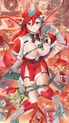 1girls big_breasts christmas dragon green_eyes green_hair horns huge_breasts huge_thighs humanoid long_hair red_eyes red_hair ribbon sakoku santa_costume shin_(sakoku) stuffed_toy thighs