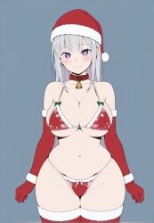 1girls ai_generated big_breasts blush breasts christmas_outfit collar emilia_(re:zero) female flat_colors gloves lingerie purple_eyes santa_hat silver_hair slim_waist smile thighhighs wide_hips xenoz1