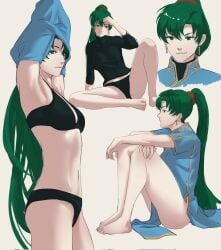 1girls black_bra black_panties bra female female_only fire_emblem fire_emblem:_the_blazing_blade green_eyes green_hair long_hair lyn_(fire_emblem) medium_breasts nintendo panties pomelomelon ponytail solo underwear undressing